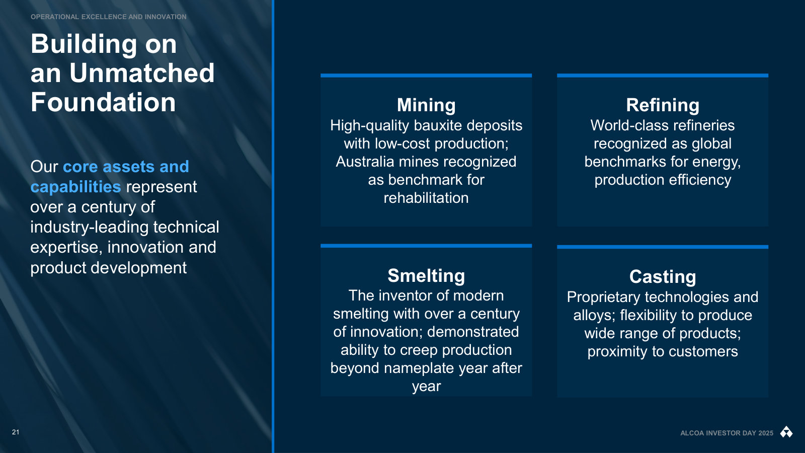 The four steps of the business — mining, refining, smelting, casting — and what Alcoa claims to be good at in each.