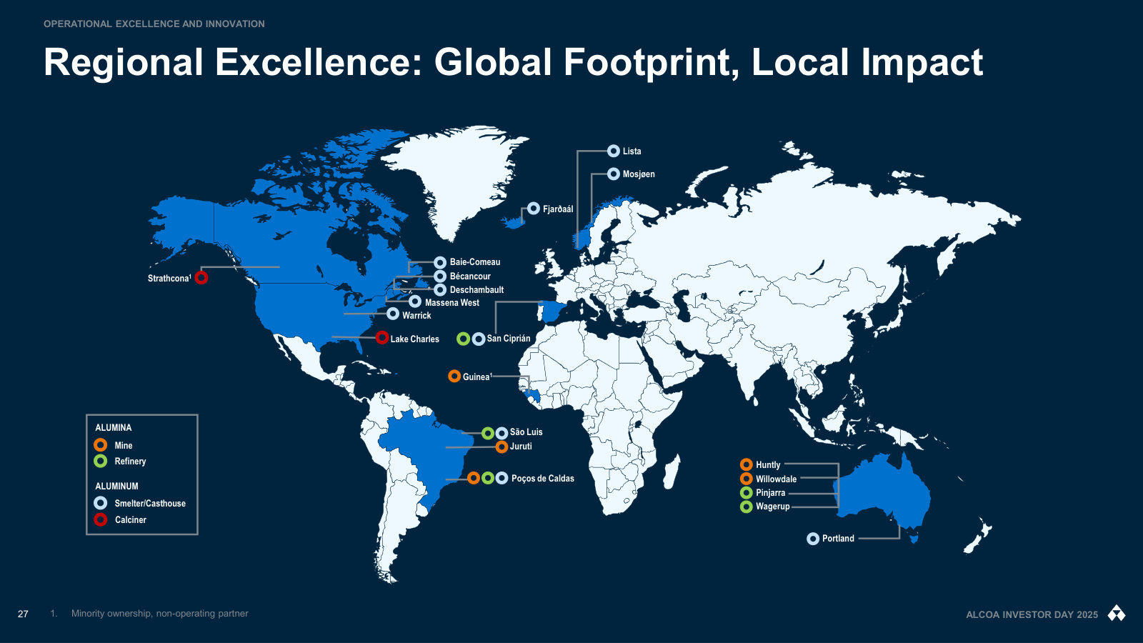 Every operating site by type, from Guinea bauxite to Icelandic smelters — the physical footprint behind the two segments.