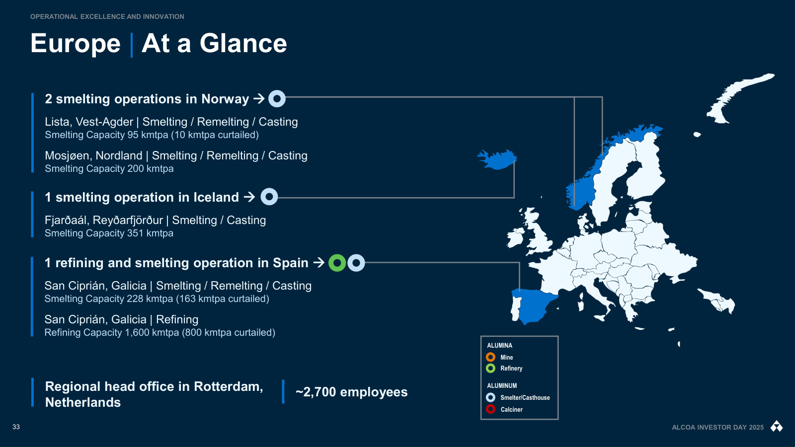 Europe: Norwegian and Icelandic smelters plus San Ciprián, where 800 kmtpa of refining and 163 kmtpa of smelting sit curtailed.