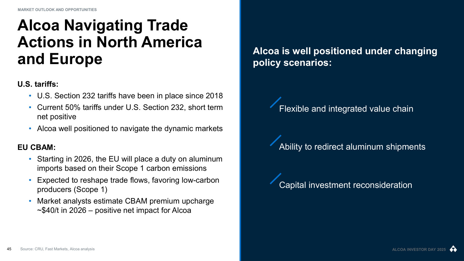 Section 232 tariffs and the EU's CBAM, and why management argues both are net positive for Alcoa.