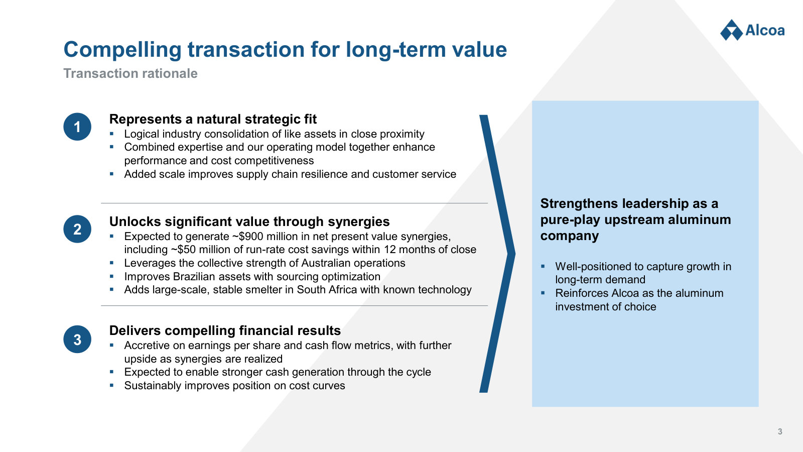 Management's three-part case — strategic fit, synergies, and accretion — stated before any of the supporting detail.