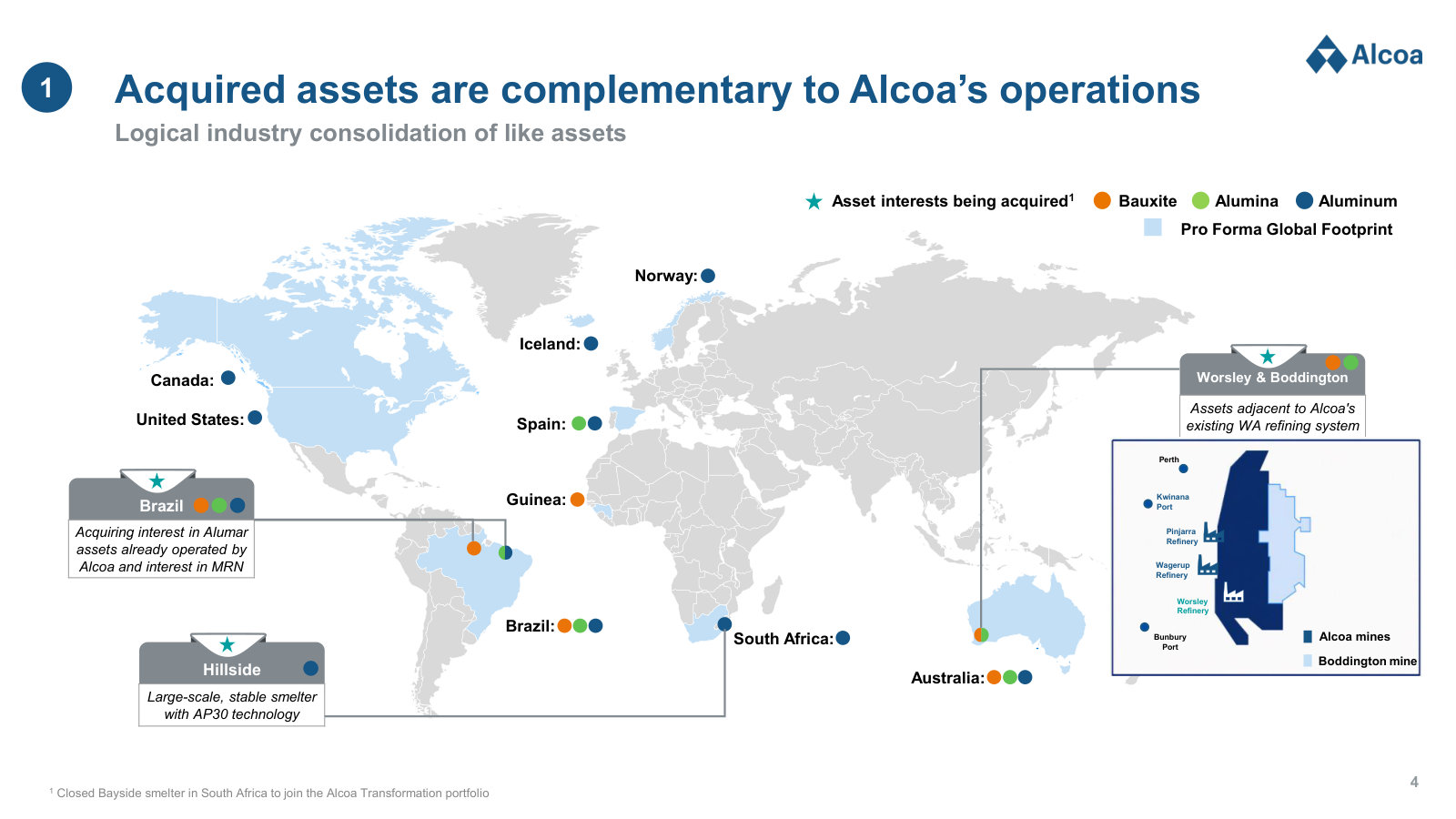 What is being bought and where it sits: Worsley adjacent to Alcoa's WA refineries, Brazil, and Hillside in South Africa.